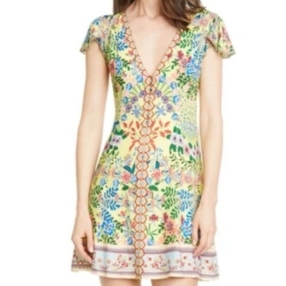 Alice + Olivia Hadley Floral Fit Flare Dress Womens 6 Yellow V-Neck Cottage Boho